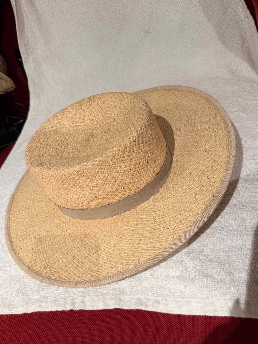 Janessa Leone Natural Straw Boater Hat with Tan Trim